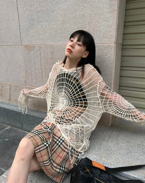 Hooded Knit Sweater Women Spider Web Hole Irregular Hollow Out Grunge Casual Fashion Top