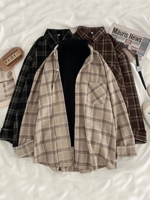 Plaid Shirt Women Vintage Long Sleeve Oversized Button-Up Loose Casual Autumn Winter Fashion Top