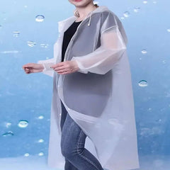 Person wearing a transparent raincoat over a dark outfit with a blue background