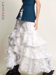 Women's White Irregular Tassel Tiered Skirt For Women A-line High Elastic Waist Layered Skirts