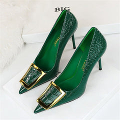 High Heel Pumps Women Pointed Toe Metal Buckle Snake Metallic PU Leather Party Fashion Shoes
