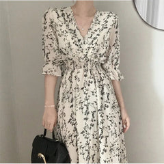 Floral Chiffon Maxi Dress Women Vintage Slim Elastic Waist A-Line V-Neck Elegant Office Spring Summer