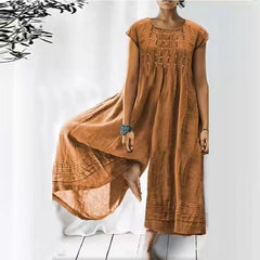 Cotton Linen Wide Leg Jumpsuit Women Vintage Ruched Short Sleeve Elegant Casual Spring Summer