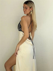 Maxi Dress Women Lace-Up Backless Patchwork Side Split Halter V-Neck High Waist Boutique Summer Dress