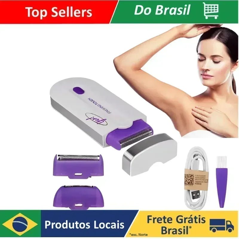 Electrolysis device with accessories and a woman using it on her arm, branded 'Do Brasil'.