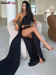 Maxi Dress Women One Shoulder Floor Length High Split Open Waist Bodycon Party Clubwear Evening Dress