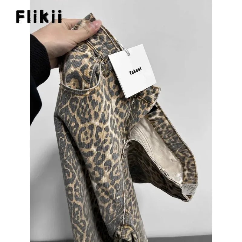 Leopard print jeans with a tag on a plain background, featuring the brand 'Flikii'.