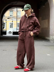 Brown Fleece Sweatsuit Set Women 2 Piece Crop Zip Hoodie Wide Leg Sweatpants Autumn Winter Loungewear