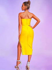 Midi Dress Women Yellow Strapless Bandage Rhinestone Double Color Split Bodycon Elegant Party Dress