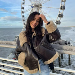 Faux Fur Velvet Jacket Women Chic Vegan Leather Warm Elegant Winter Casual Outerwear Fashion