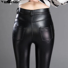 Faux Leather Pants Women High Stretch Shiny Slim Pencil Vegan Leather Trousers Casual Fashion