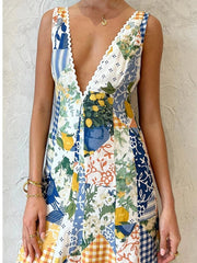 Maxi Dress Women Deep V-Neck Linen Sleeveless A-Line Loose Oversized Swing Camisole Beach Holiday Summer