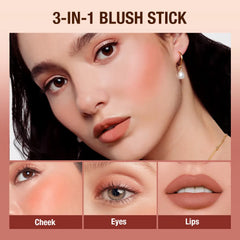 3-in-1 Lipstick Blush Stick Eyes Cheek and Lip Tint Buildable Waterproof Lightweight Multi Stick Face Makeup