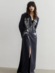 Long Coat Women Navy Irregular Slit V-Neck Long Sleeve Loose Fit Elegant Winter Outerwear Fashion
