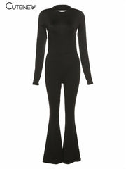 Backless Flare Leg Jumpsuit Women Bodycon Slim Long Sleeve O-Neck Casual Playsuit Fashion