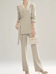 Pant Suit Women 2-Piece Chic Long Sleeve Blazer High Waist Straight Pants Vintage Office Attire Set