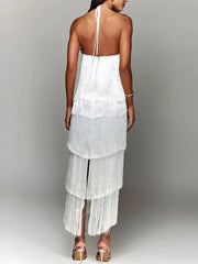 Maxi Dress Women Metallic Tassel Halter Sleeveless Backless Lace Up Slim Chic Elegant Long Dress
