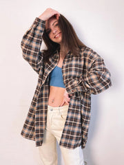 Plaid Shirt Women Vintage Loose Fit Oversized Button-Up Long Blouse Casual Autumn Winter Fashion