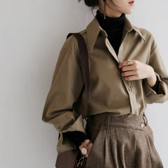 Dark Academia Blouse Women Coffee Brown Casual Office Work Autumn Winter Chic Fashion Top
