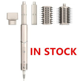 Hair styling tool with interchangeable attachments on a white background, 'IN STOCK' text displayed.