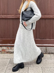 Women’s Elegant Solid Mohair Skirt Suit - Autumn/Winter Knit O Neck Pullover Sweater 2-Piece Set