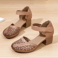 Sandals Women Retro Genuine Leather Hollow Out Breathable Round Toe Thick Heel Versatile Summer Shoes