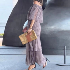 Maxi Dress Women Slash Neck Off Shoulder Butterfly Sleeve Pleated Ruffle Plus Size Elegant Party Dress