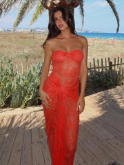 Maxi Dress Women Strapless Backless Lace Hollow Out Mesh Ruched Off-Shoulder Sheer Summer Party Dress