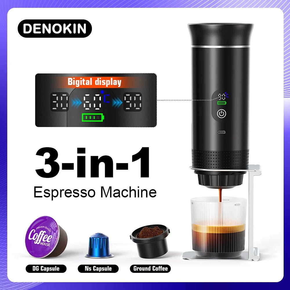 Denokin 3-in-1 espresso machine with digital display, coffee capsules, and ground coffee on a white background.