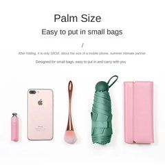 Small green umbrella, pink phone, pink lip gloss, and pink wallet on a white background with text about palm size.