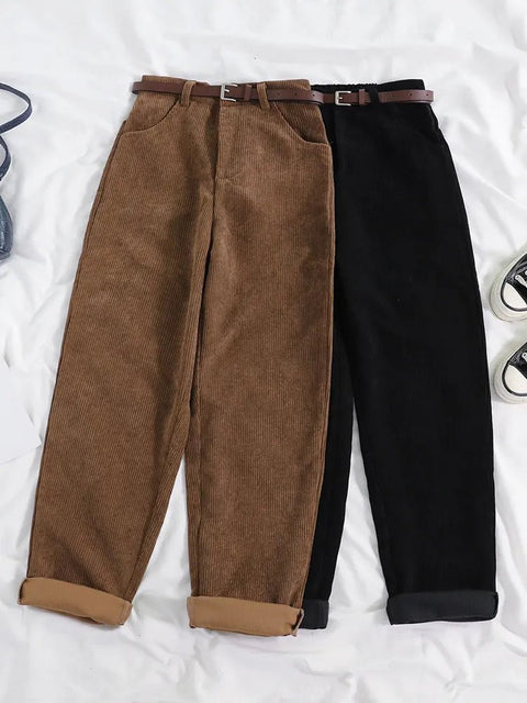 Corduroy Pants Women High Waist Vintage Wide Leg Belt Cotton Casual Streetwear Fashion Trousers
