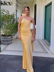 Maxi Dress Women Elegant Incline Shoulder Backless Sleeveless Satin High Street Evening Party Dress