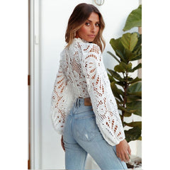 Elegant White Lace Crochet Blouse Hollow Out Cropped Lantern Sleeve Boho Retro Top