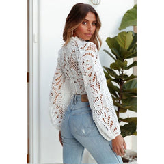 Lace Crochet Blouse Women White Hollow Out Cropped Lantern Sleeve Boho Retro Elegant Fashion