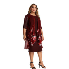 Plus Size Mesh Printed Midi Dress Women Elegant Party Evening Casual Chic Fashion Dress