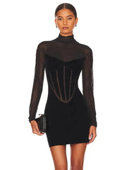 Mini Dress Women Turtleneck Long Sleeve Mesh Black Bodycon Bandage Elegant Evening Club Party Dress