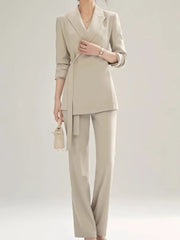 Pant Suit Women 2-Piece Chic Long Sleeve Blazer High Waist Straight Pants Vintage Office Attire Set