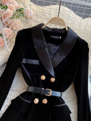 Double Breasted Velvet Blazer Women Black Belt Slim Elegant Office Casual Outerwear Fashion