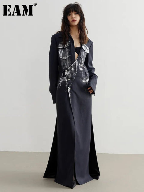 Long Coat Women Navy Irregular Slit V-Neck Long Sleeve Loose Fit Elegant Winter Outerwear Fashion