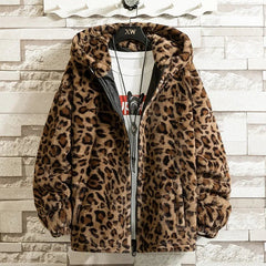 Faux Fur Coat Women Leopard Print Stand Collar Hooded Warm Winter Jacket Casual Outerwear Fashion