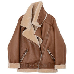 Faux Leather Aviator Jacket Women Thick Fur Sheepskin Warm Winter Casual Outerwear Fashion
