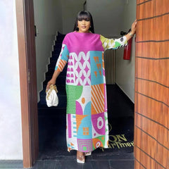 Long Sleeve Pleated Printed Maxi Dress Women Elegant Party Casual Chic Fashion Dress