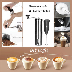 Collage of coffee-making tools and finished coffee drinks with text 'Broyeur à café & Batteur de lait' and 'DIY Coffee'.