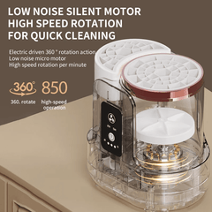Cleaning device with text highlighting features on a beige background
