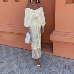 Sequin Maxi Dress Women Elegant Off Shoulder Batwing Sleeve Loose Deep V-Neck Cocktail Wedding Guest