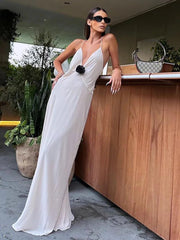 Maxi Dress Women White Deep V-Neck Backless Spaghetti Strap Sleeveless Chiffon Elegant Evening Party