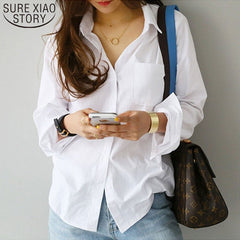 Long Sleeve Blouse Women Casual White Turn-Down Collar Shirt Everyday Comfortable Fashion Top