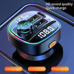 Car charger with digital display on a reflective surface, highlighting features like HD sound quality, quick charge, colorful lights, QC3.0/PD20W, and voltage detection.