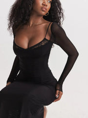 Maxi Dress Women Long Sleeve Patchwork Lace Double Layer Mesh Elegant Party Clubwear Spring Autumn