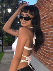 Crop Top Women Backless Hollow Out White Sleeveless Bandage Halter Casual Streetwear Clubwear Summer